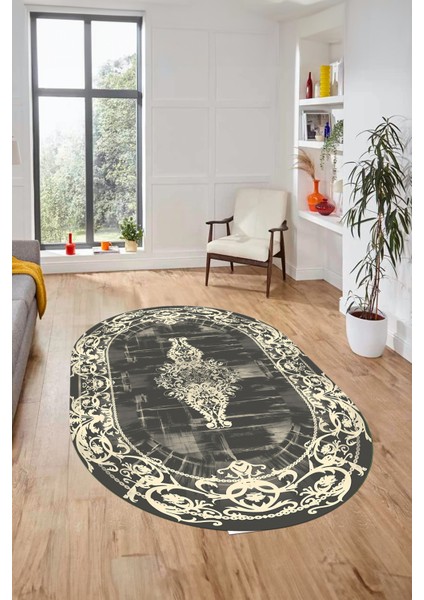Klasik Çerçeve Desen Modern Yıkanabilir Yolluk Mutfak Oval Salon Halısı, O-Çerçeveli-19-Krem,