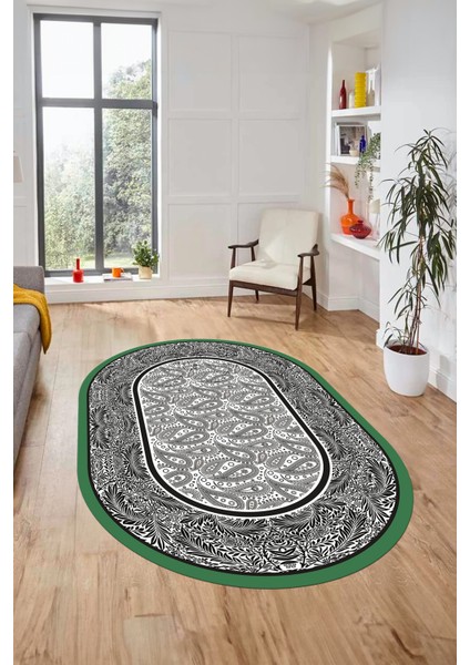 Çiçekli Tasarım Yıkanabilir Kaymaz Taban Çerçeveli Oval Mutfak Salon Halısı, O-Çerçeveli-37-Beyaz, fiyatları