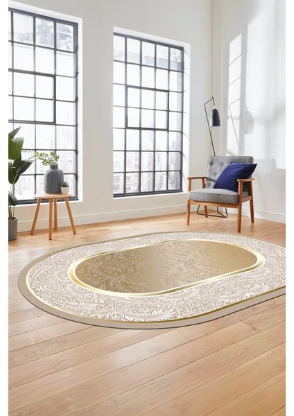 Çiçekli Tasarım Yıkanabilir Kaymaz Taban Çerçeveli Oval Mutfak Salon Halısı, O-Çerçeveli-37-Gold, indirimleri