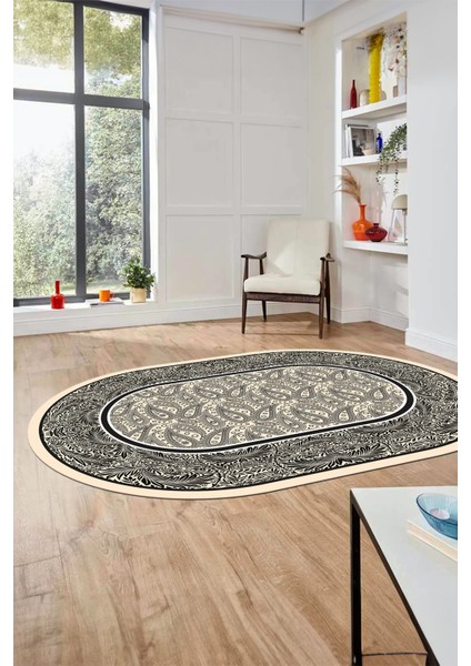 Çiçekli Tasarım Yıkanabilir Kaymaz Taban Çerçeveli Oval Mutfak Salon Halısı, O-Çerçeveli-37-Krem, modelleri