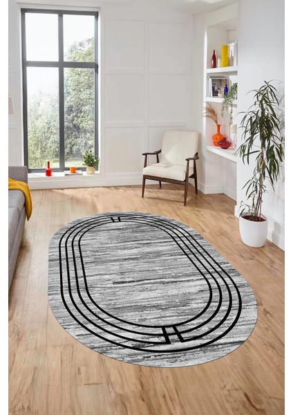 Şık Tasarım Yıkanabilir Kaymaz Çerçeveli Modern Oval Yolluk Salon Halısı, O-Çerçeveli-42-Gri,