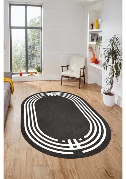 Dijital Kaymaz Yıkanabilir Modern Şık Çerçeveli Oval Yolluk Salon Halısı, O-Çerçeveli-44-Antrasit,