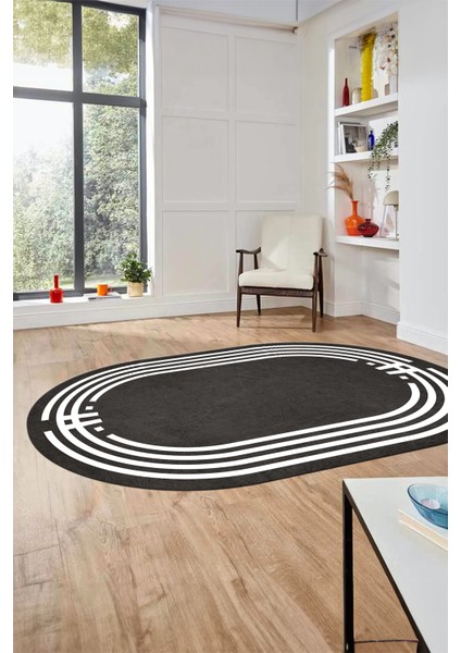 Dijital Kaymaz Yıkanabilir Modern Şık Çerçeveli Oval Yolluk Salon Halısı, O-Çerçeveli-44-Antrasit,
