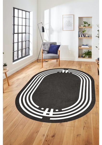 Dijital Kaymaz Yıkanabilir Modern Şık Çerçeveli Oval Yolluk Salon Halısı, O-Çerçeveli-44-Antrasit,