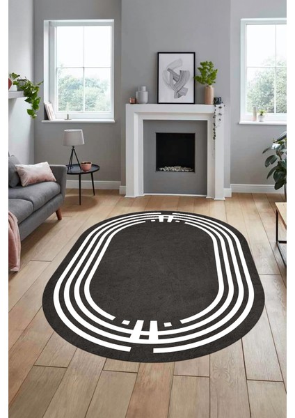 Dijital Kaymaz Yıkanabilir Modern Şık Çerçeveli Oval Yolluk Salon Halısı, O-Çerçeveli-44-Antrasit,