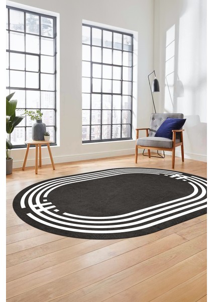 Dijital Kaymaz Yıkanabilir Modern Şık Çerçeveli Oval Yolluk Salon Halısı, O-Çerçeveli-44-Antrasit, fırsatları