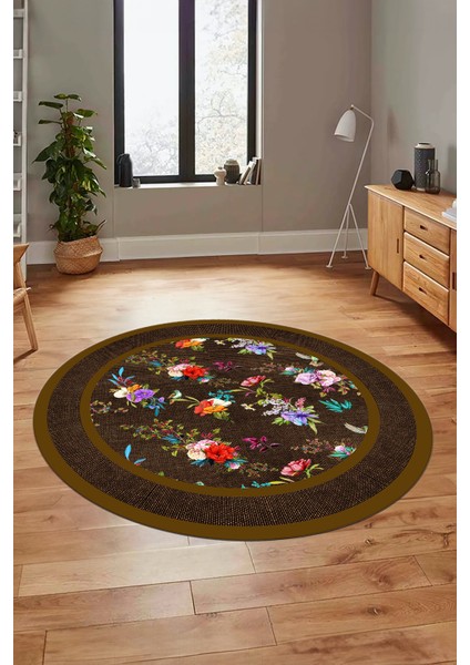 Çiçekli Çerçeve Desen Yıkanabilir Kaymaz Yolluk Mutfak Yuvarlak Salon Halısı, Y-Çerçeveli-27-Kahve,