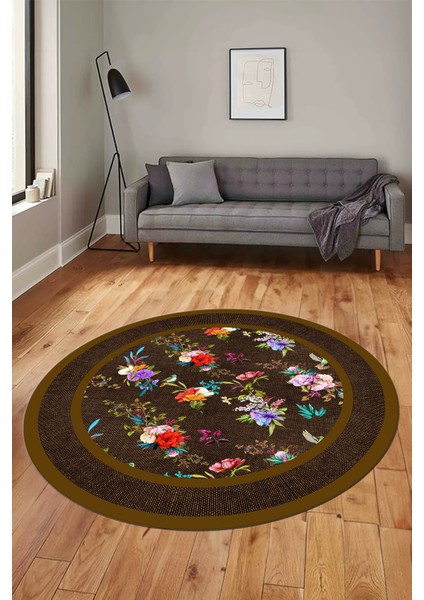 Çiçekli Çerçeve Desen Yıkanabilir Kaymaz Yolluk Mutfak Yuvarlak Salon Halısı, Y-Çerçeveli-27-Kahve,