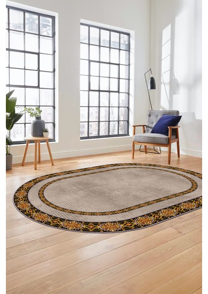 Dijital Kaymaz Yıkanabilir Çerçeveli Ince Oval Yolluk Mutfak Salon Halısı, O-Çerçeveli-48-Kahve-, modelleri