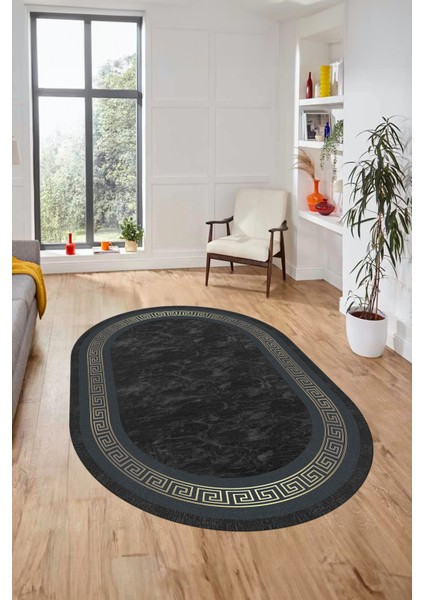 Sade Şık Çerçeve Desen Yıkanabilir Kaymaz Yolluk Mutfak Oval Salon Halısı, O-Çerçeveli-28-Antrasit,