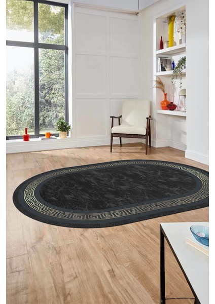 Sade Şık Çerçeve Desen Yıkanabilir Kaymaz Yolluk Mutfak Oval Salon Halısı, O-Çerçeveli-28-Antrasit,