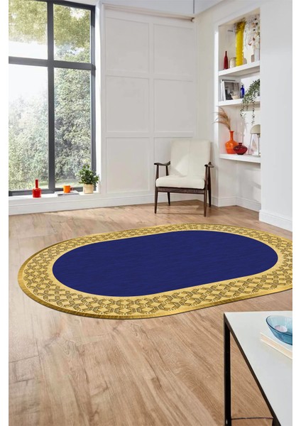 Dijital Kaymaz Yıkanabilir Şık Çerçeveli Yolluk Mutfak Oval Salon Halısı, O-Çerçeveli-29-Lacivert, fırsatları