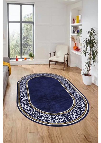 Dijital Kaymaz Yıkanabilir Çerçeveli Yolluk Mutfak Oval Salon Halısı, O-Çerçeveli-35-Lacivert, fiyatları