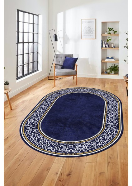 Dijital Kaymaz Yıkanabilir Çerçeveli Yolluk Mutfak Oval Salon Halısı, O-Çerçeveli-35-Lacivert, fırsatları