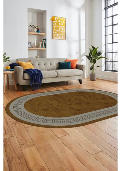 Sade Şık Çerçeve Desen Yıkanabilir Kaymaz Yolluk Mutfak Oval Salon Halısı, O-Çerçeveli-28-Kahve, fiyatları