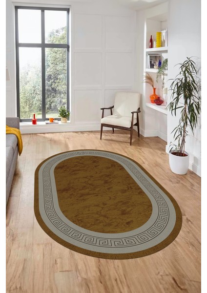 Sade Şık Çerçeve Desen Yıkanabilir Kaymaz Yolluk Mutfak Oval Salon Halısı, O-Çerçeveli-28-Kahve, modelleri