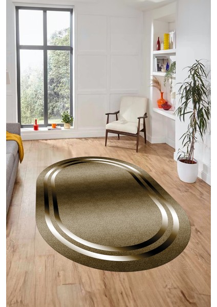 Sade Düz Renk Çerçeveli Yıkanabilir Modern Yolluk Oval Salon Halısı, O-Çerçeveli-39-Kahve,