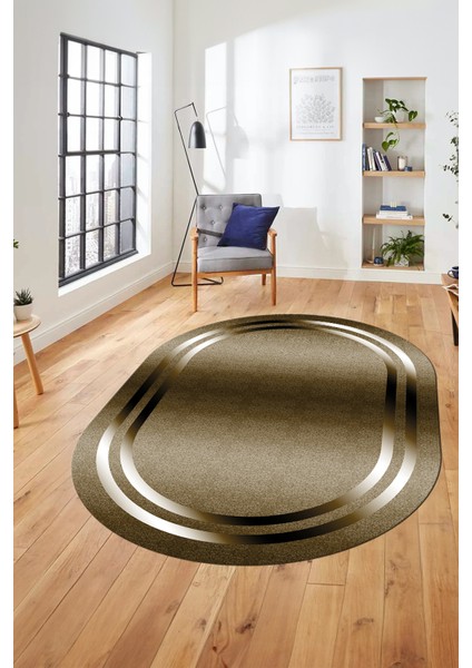 Sade Düz Renk Çerçeveli Yıkanabilir Modern Yolluk Oval Salon Halısı, O-Çerçeveli-39-Kahve, modelleri
