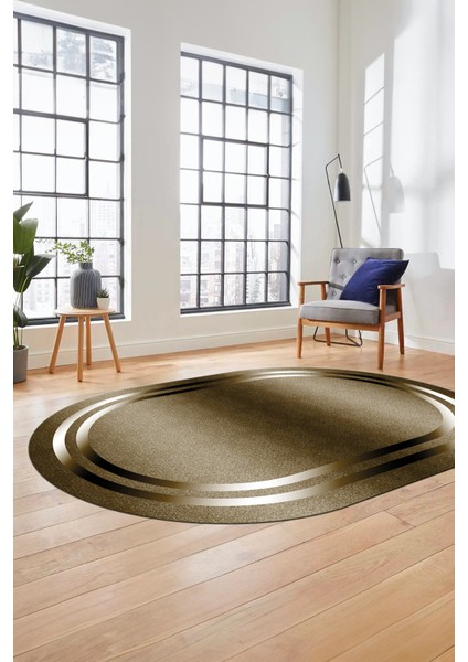 Sade Düz Renk Çerçeveli Yıkanabilir Modern Yolluk Oval Salon Halısı, O-Çerçeveli-39-Kahve, fırsatları