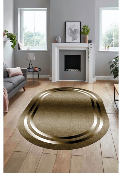 Sade Düz Renk Çerçeveli Yıkanabilir Modern Yolluk Oval Salon Halısı, O-Çerçeveli-39-Kahve, indirimleri