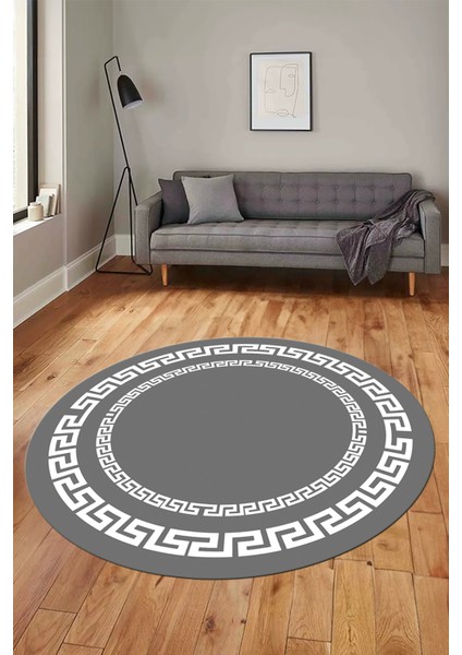 Dijital Kaymaz Yıkanabilir Çerçeveli Yuvarlak Yolluk Mutfak Salon Halısı, Y-Çerçeveli-47-Gri,