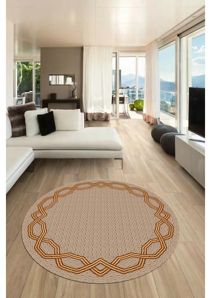 Dijital Kaymaz Yıkanabilir Şık Çerçeveli Ince Yuvarlak Yolluk Salon Halısı, Y-Çerçeveli-49-Bej, modelleri