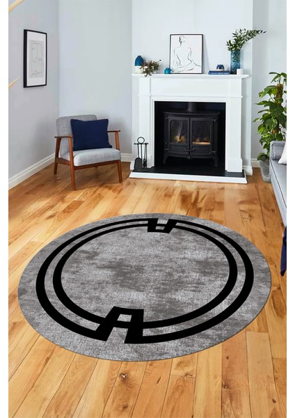 Çerçeve Sade Desen Yıkanabilir Kaymaz Yolluk Mutfak Yuvarlak Salon Halısı, Y-Çerçeve-33-Gri,