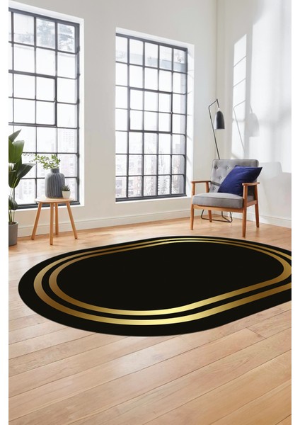 Sade Düz Renk Çerçeveli Yıkanabilir Modern Yolluk Mutfak Oval Salon Halısı, O-Çerçeveli-38-Gold-, indirimleri