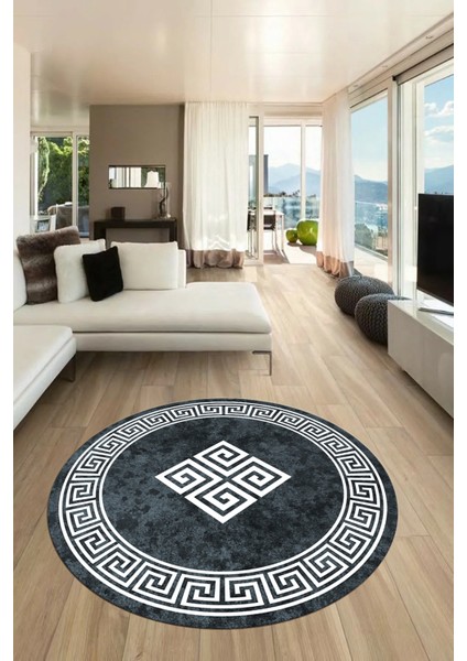 Dijital Kaymaz Yıkanabilir Göbekli Çerçeveli Yuvarlak Mutfak Salon Halısı, Y-Çerçeveli-01-Füme,