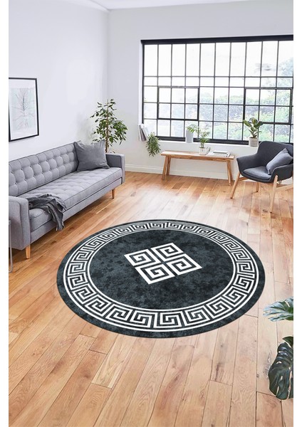 Dijital Kaymaz Yıkanabilir Göbekli Çerçeveli Yuvarlak Mutfak Salon Halısı, Y-Çerçeveli-01-Füme,