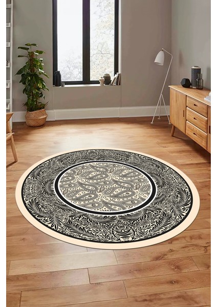 Çiçekli Şık Yıkanabilir Kaymaz Taban Çerçeveli Yuvarlak Mutfak Salon Halısı, Y-Çerçeveli-37-Krem, fiyatları