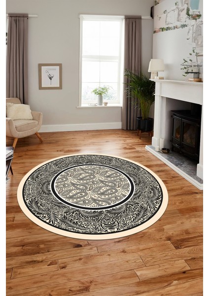Çiçekli Şık Yıkanabilir Kaymaz Taban Çerçeveli Yuvarlak Mutfak Salon Halısı, Y-Çerçeveli-37-Krem, fırsatları