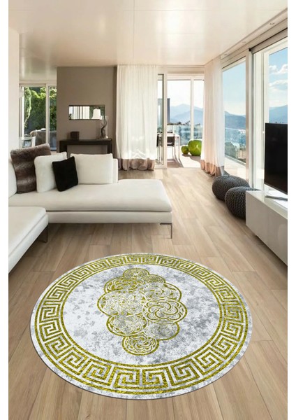 Dijital Kaymaz Yıkanabilir Modern Çerçeveli Yuvarlak Mutfak Salon Halısı, Y-Çerçeveli-04-Sarı, fiyatları