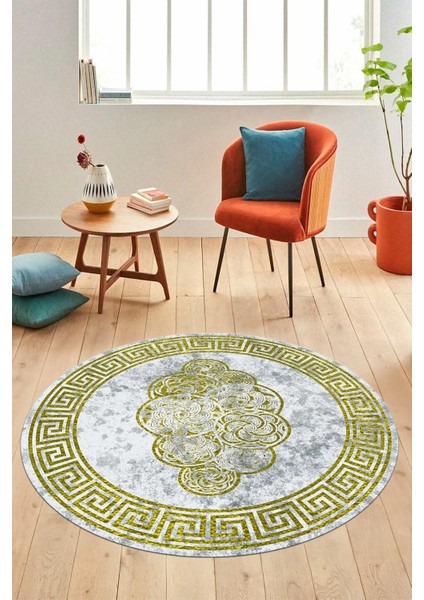 Dijital Kaymaz Yıkanabilir Modern Çerçeveli Yuvarlak Mutfak Salon Halısı, Y-Çerçeveli-04-Sarı, modelleri