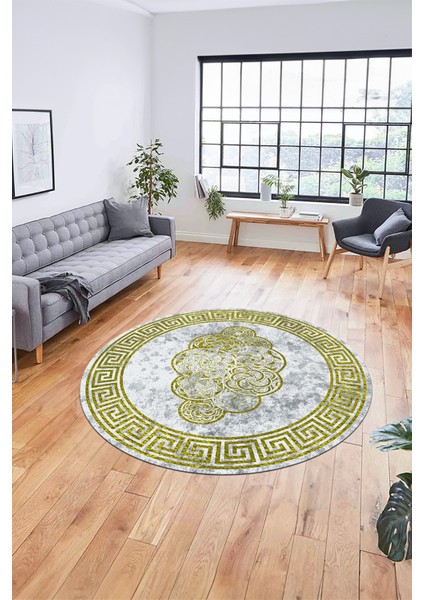 Dijital Kaymaz Yıkanabilir Modern Çerçeveli Yuvarlak Mutfak Salon Halısı, Y-Çerçeveli-04-Sarı, indirimleri