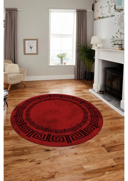 Dijital Kaymaz Taban Yıkanabilir Çerçeveli Yuvarlak Mutfak Salon Halısı, Y-Çerçeveli-05-Bordo,