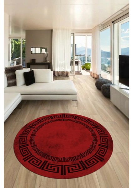 Dijital Kaymaz Taban Yıkanabilir Çerçeveli Yuvarlak Mutfak Salon Halısı, Y-Çerçeveli-05-Bordo,