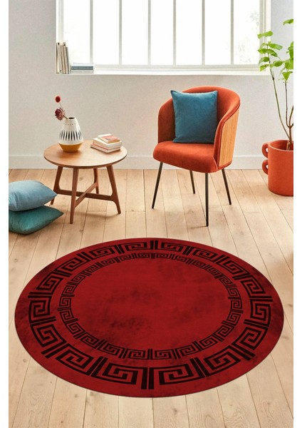 Dijital Kaymaz Taban Yıkanabilir Çerçeveli Yuvarlak Mutfak Salon Halısı, Y-Çerçeveli-05-Bordo,
