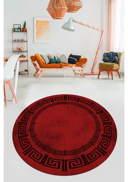 Dijital Kaymaz Taban Yıkanabilir Çerçeveli Yuvarlak Mutfak Salon Halısı, Y-Çerçeveli-05-Bordo,