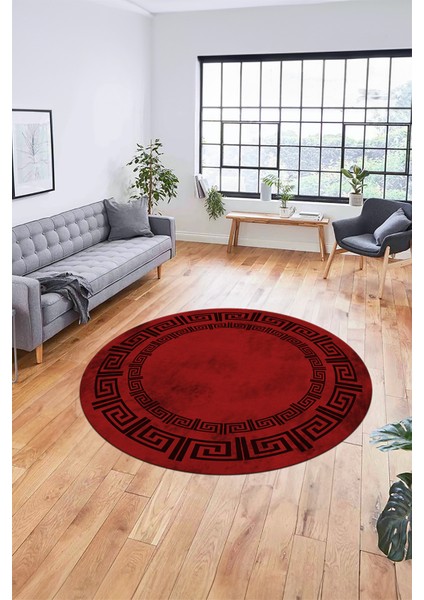Dijital Kaymaz Taban Yıkanabilir Çerçeveli Yuvarlak Mutfak Salon Halısı, Y-Çerçeveli-05-Bordo,