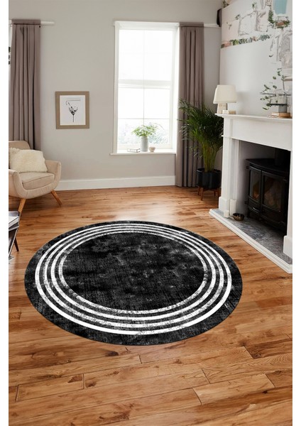 Dijital Kaymaz Taban Yıkanabilir Sade Çerçeveli Yuvarlak Mutfak Salon Halısı, Y-Çerçeveli-06-Siyah,