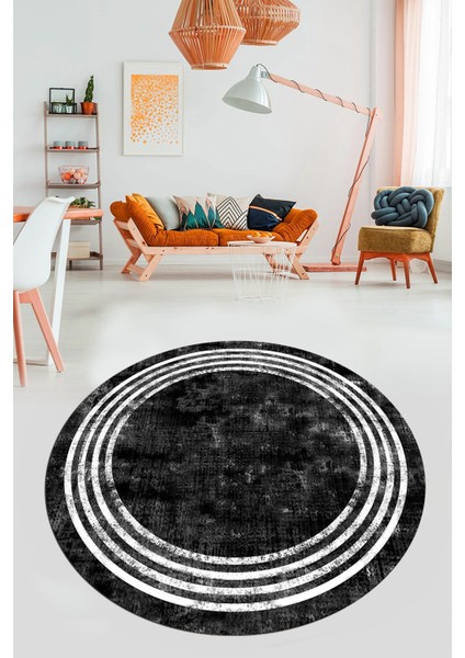 Dijital Kaymaz Taban Yıkanabilir Sade Çerçeveli Yuvarlak Mutfak Salon Halısı, Y-Çerçeveli-06-Siyah, fırsatları