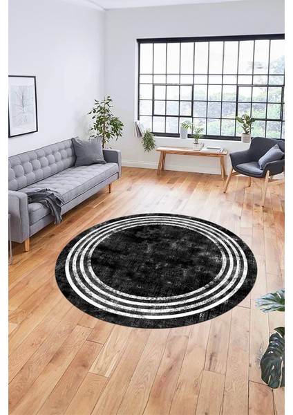 Dijital Kaymaz Taban Yıkanabilir Sade Çerçeveli Yuvarlak Mutfak Salon Halısı, Y-Çerçeveli-06-Siyah, indirimleri