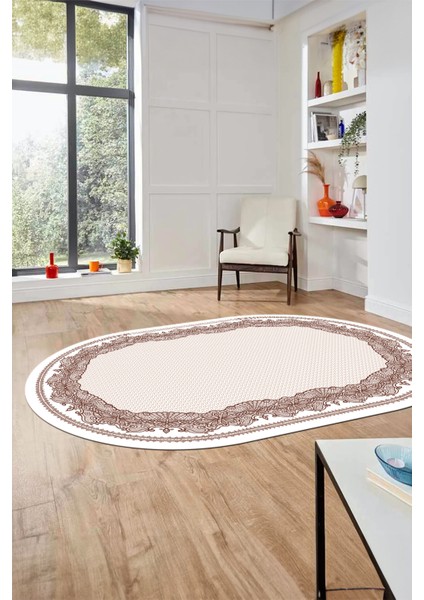 Çerçeveli Motifli Yıkanabilir Kaymaz Yolluk Mutfak Oval Salon Halısı, O-Çerçeveli-34-Kahve, modelleri