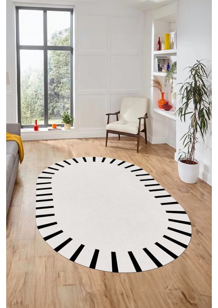 Şık Tasarım Yıkanabilir Kaymaz Çerçeveli Yolluk Mutfak Oval Salon Halısı, O-Çerçeveli-40-Beyaz,
