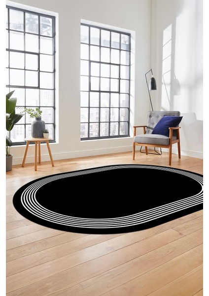 Dijital Kaymaz Yıkanabilir Modern Sade Çerçeveli Oval Yolluk Salon Halısı, O-Çerçeveli-45-Siyah, modelleri