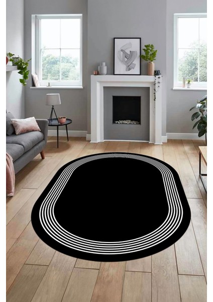 Dijital Kaymaz Yıkanabilir Modern Sade Çerçeveli Oval Yolluk Salon Halısı, O-Çerçeveli-45-Siyah, fırsatları