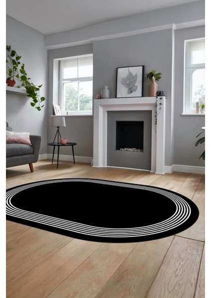 Dijital Kaymaz Yıkanabilir Modern Sade Çerçeveli Oval Yolluk Salon Halısı, O-Çerçeveli-45-Siyah, indirimleri