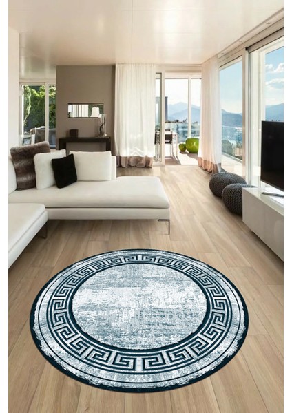 Tasarım Çerçeve Desenli Modern Yıkanabilir Mutfak Yuvarlak Salon Halısı, Y-Çerçeveli-09-Turkuaz,