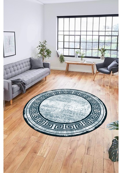 Tasarım Çerçeve Desenli Modern Yıkanabilir Mutfak Yuvarlak Salon Halısı, Y-Çerçeveli-09-Turkuaz, fırsatları
